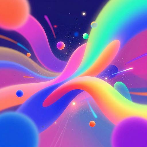 Vibrant abstract digital art featuring colorful, swirling waves in neon pink, blue, yellow, and purple, with glowing dots and stars in a deep