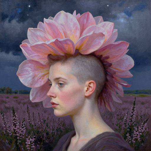 Digital art: Pale-skinned, bald woman with pink flower headdress, profile view, starry night sky, purple field background, ethereal,