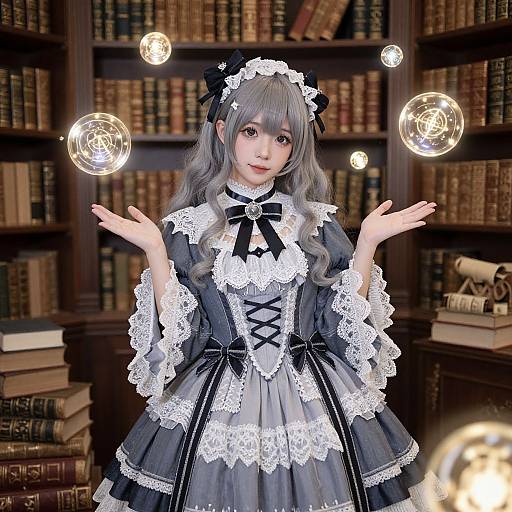 Photograph of an anime-style young woman with long gray hair in a detailed black and white lace gothic dress, floating glass orbs, standing in a