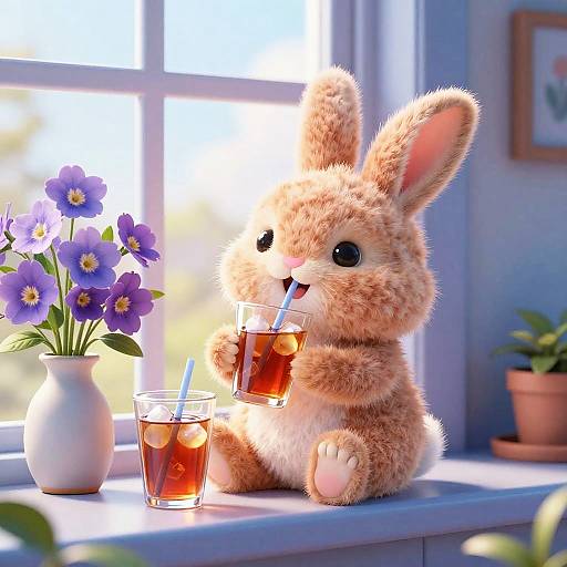 Cute, fluffy, brown bunny with large black eyes drinks tea from a glass on a sunlit window sill, surrounded by purple flowers and a p