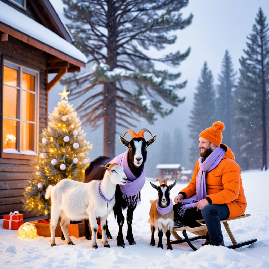 Cozy Winter Scene with Goat Family