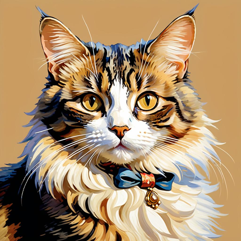 Warm Beige Cat Portrait in Monet Style