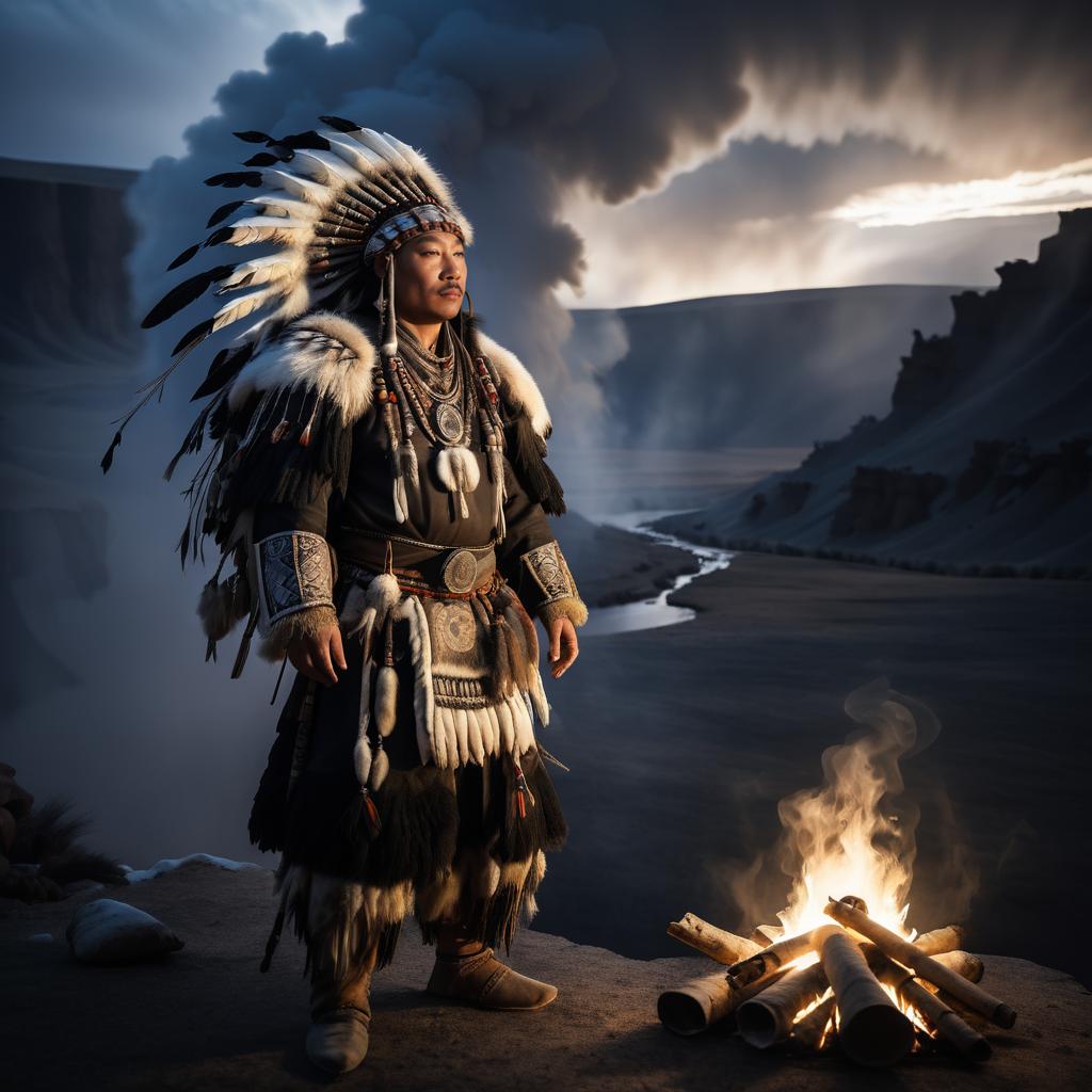 Mongolian Nomad in Dark Canyon Landscape