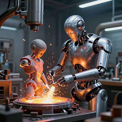 Photorealistic CGI of two metallic robots in a factory, one sparking bright orange flames from a circular workbench.