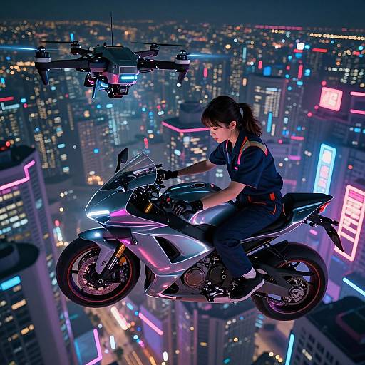 Cyberpunk night scene: Woman with dark ponytail and black outfit rides glowing white motorcycle above neon-lit city, drone hovering above. Digital art