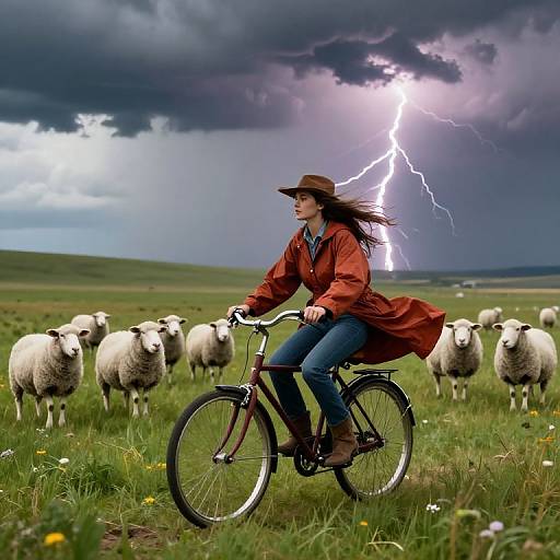 Photograph: Woman in red coat and brown hat rides bicycle through stormy field with lightning, surrounded by white sheep. Dramatic clouds and bright lightning