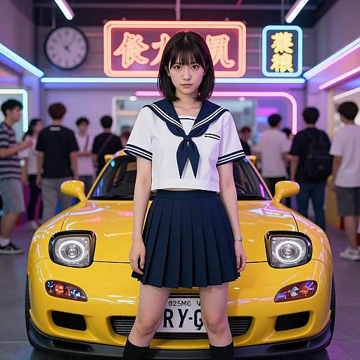 Photograph of an East Asian woman in a Japanese schoolgirl uniform standing in front of a yellow sports car in a neon-lit, bustling urban setting