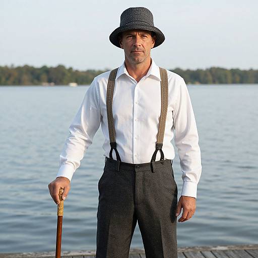 Man in Fishing Clothes with Cane