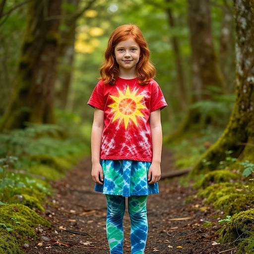 Photograph of a young girl with red hair, wearing a red tie-dye shirt with a sunburst, blue tie-dye leggings, standing on