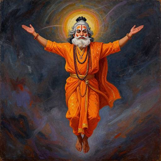 Digital painting of an elderly, bearded figure with a halo, wearing an orange robe, floating with arms outstretched against a dark, cosmic background