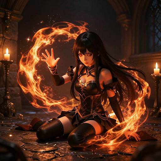 Dark-Haired Anime Girl Casting Spell