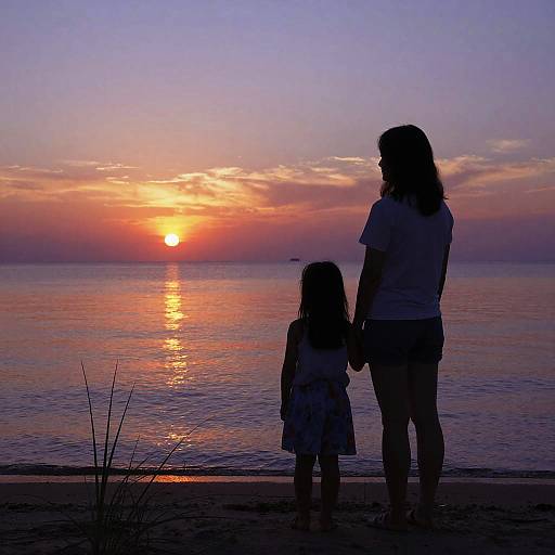 Mother Daughter Beach Sunset Silhouette