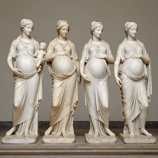 Photograph of four white marble statues depicting pregnant Greco-Roman women in flowing robes, each holding their swollen bellies, standing in a row on