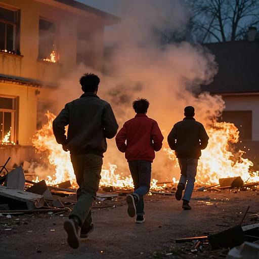 Three Men Running from Burning Building
