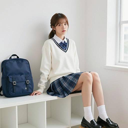 Asian Student Sitting in Classroom with Backpack