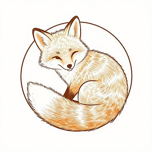 Digital drawing of a curled, smiling fox with orange and white fur, outlined in brown, inside a circular frame.