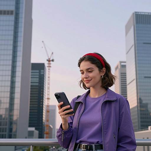 Urban Chic: Smiling Woman in Cityscape