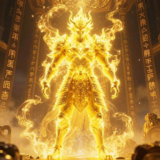Photograph of a towering, blazing figure engulfed in bright yellow-orange flames, surrounded by vertical Chinese characters, set against a dark background.
