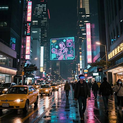 Nighttime urban street scene with neon lights, rain-reflected street, yellow taxis, pedestrians, and a large digital billboard in a bustling city.