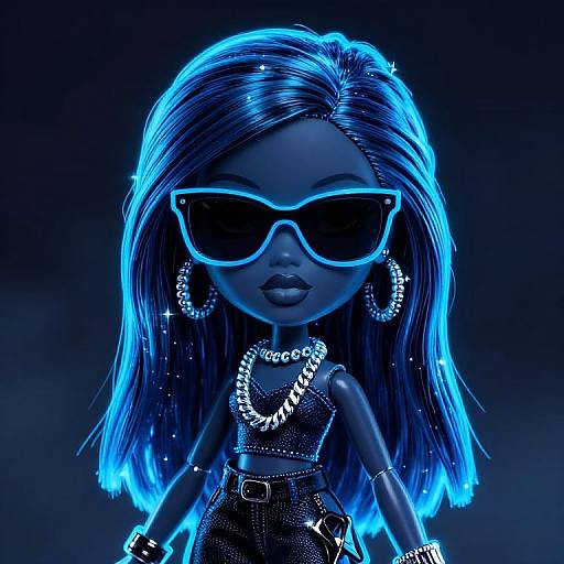 Digital CGI image of a blue-lit, dark-skinned doll with glowing blue hair, large neon sunglasses, hoop earrings, beaded necklace, and