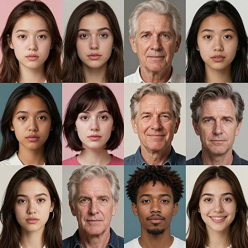 Photographic collage of twelve portraits: three women, three men, six ages 50-60+, diverse ethnicities, neutral expressions, white to pink