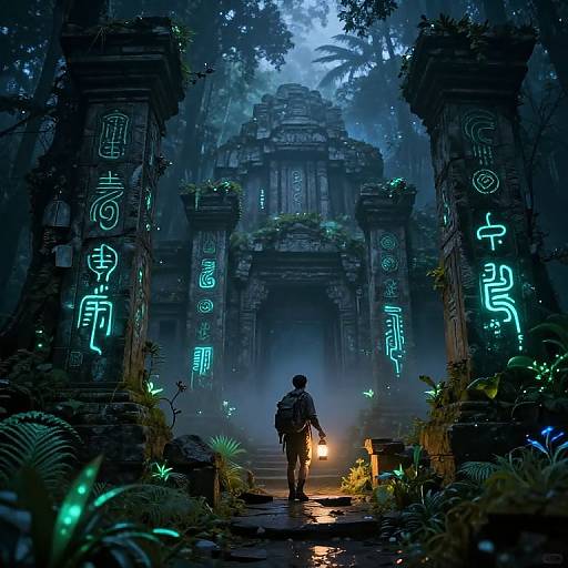 Digital art of a lone figure with a backpack holding a torch, walking through a misty, illuminated ancient temple ruin surrounded by glowing neon symbols and dense