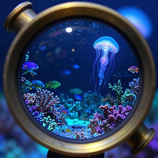 Photograph of vibrant underwater aquarium viewed through a brass magnifying glass, featuring a glowing blue jellyfish, colorful fish, and illuminated coral.