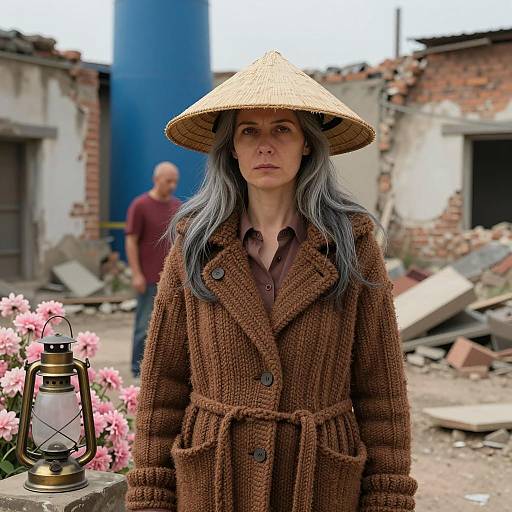 Woman in Straw Hat and Brown Coat in Urban Ruins