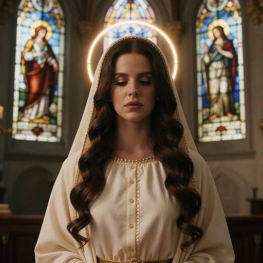 Photograph of a solemn brunette woman with long curls, wearing a white veil and robe, haloed in a stained glass lit church.