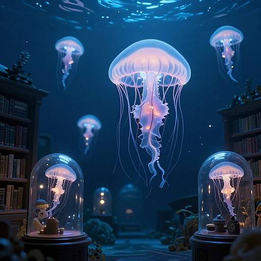 Photograph: Illuminated jellyfish in glass domes and larger floating jellyfish in a dark, library-like room with bookshelves and plush toys