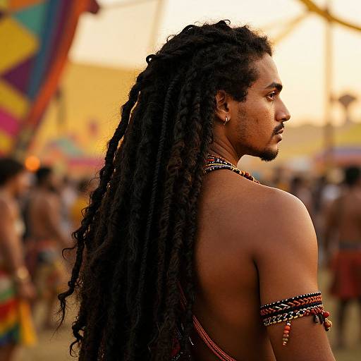 Photograph of a muscular, dark-skinned man with long, twisted dreadlocks, wearing beaded arm bands and a beaded necklace, standing in