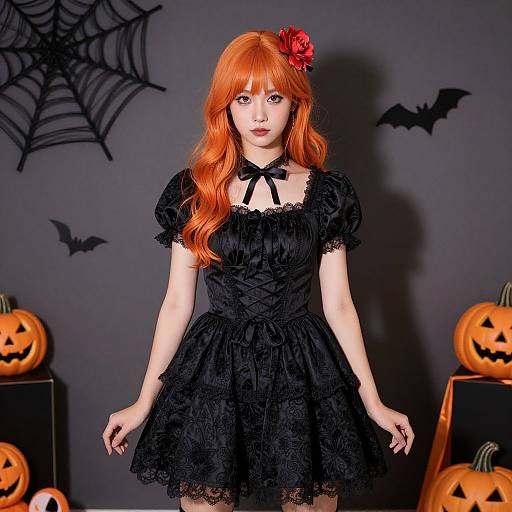 Photograph of a pale-skinned woman with long red hair, wearing a black lace dress, red flower hair accessory, and surrounded by Halloween decorations,