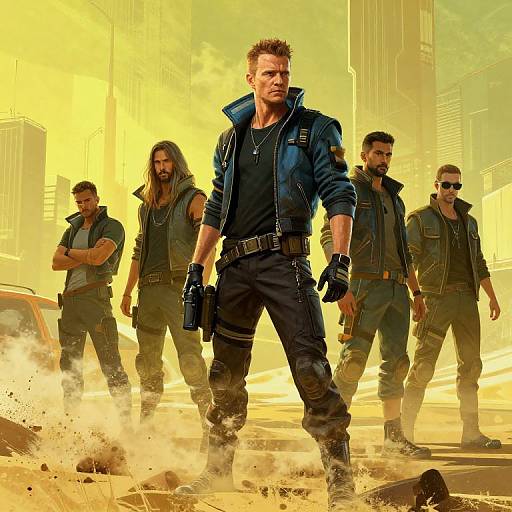 Photorealistic movie poster of muscular, blonde-haired man in blue jacket, black pants, and gloves, leading five similarly dressed men in a dusty,