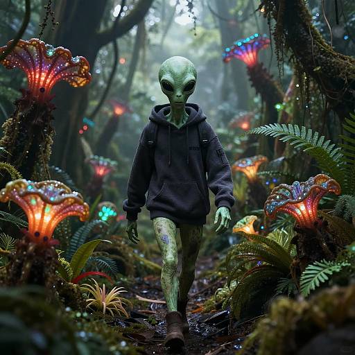Photorealistic CGI of an alien with green skin, large black eyes, wearing a dark hoodie, walking through a mystical, glowing forest with colorful bi
