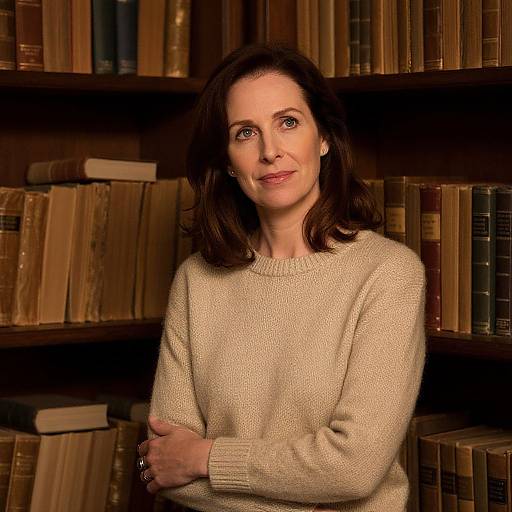 Photograph of a middle-aged white woman with shoulder-length brown hair, wearing a beige knit sweater, standing in a wooden bookshelf-filled library, arms