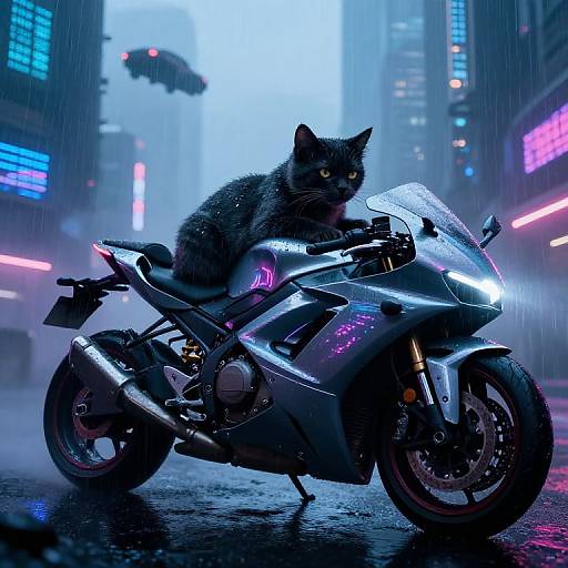 Digital artwork of a black cat with yellow eyes sitting on a shiny, purple-lit motorcycle in a neon, rain-soaked, cyberpunk cityscape