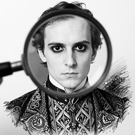 Black-and-white photograph of a serious-faced person with dark, wavy hair, viewed through a magnifying glass, wearing an intricate, patterned garment