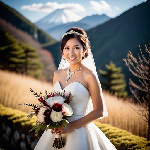 Radiant Japanese Bride in Mountain Landscape