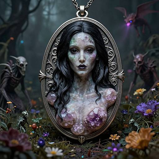 Digital art: Enchanted forest portrait of pale, ethereal woman with long black hair, glowing flowers, and ornate pendant, surrounded by dark