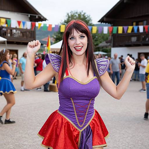 Photograph of a smiling woman with red and black hair, wearing a purple bodice and red skirt with gold trim, dancing outdoors at a festive village