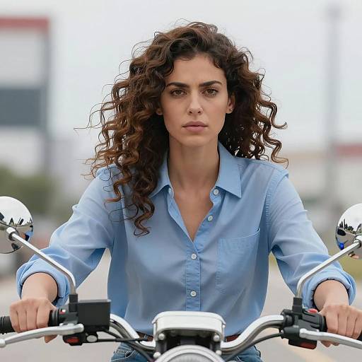 Woman Riding Motorcycle with Intense Expression