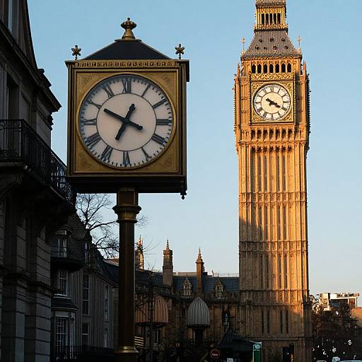 Photograph of Big Ben clock tower and a vintage-style street clock against a clear blue sky, with shadowed buildings in the foreground.