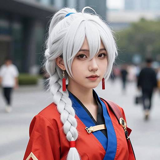 Young Woman with White Hair in Red and Blue Cosplay Outfit