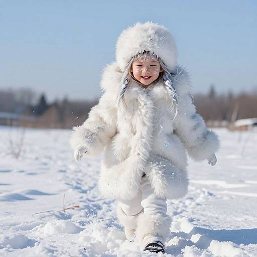 Photograph of a smiling child in a fluffy white winter coat and hat, running through a snowy field under a clear blue sky.