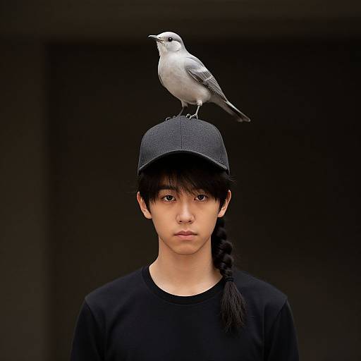 Photograph of an Asian teenage boy with black hair in a braid, wearing a black cap and shirt, with a seagull perched on