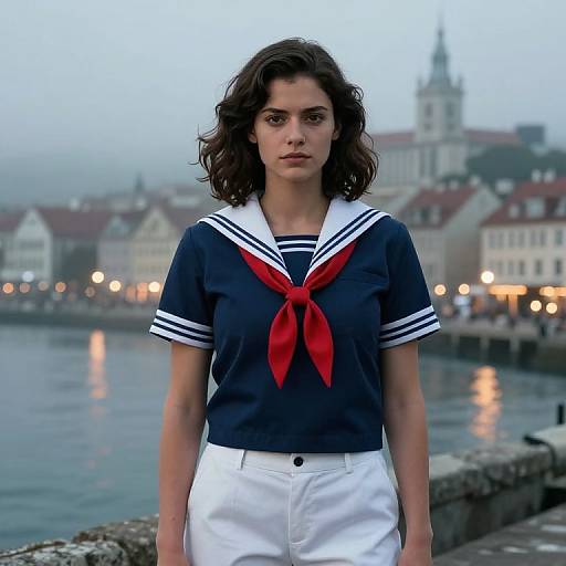 Photograph of a young woman with curly brown hair, wearing a navy blue sailor shirt with red neckerchief and white pants, standing on a fog