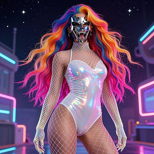 Digital art of a woman with neon rainbow hair, white reflective bodysuit, fishnet gloves, and skull mask, standing in a neon-lit