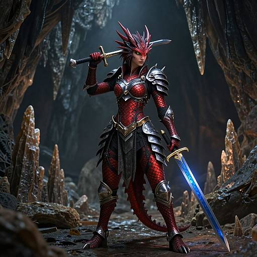 Digital artwork of a fierce, red-scaled, armored dragon-woman with spiky headgear, holding a glowing blue sword in a dark, cavern