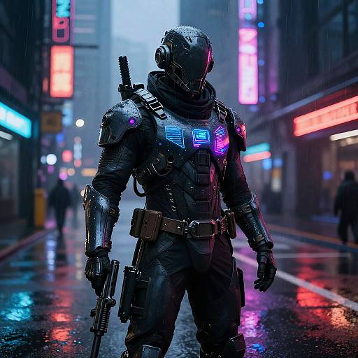 Cyberpunk Mercenary in Neon Nightscape