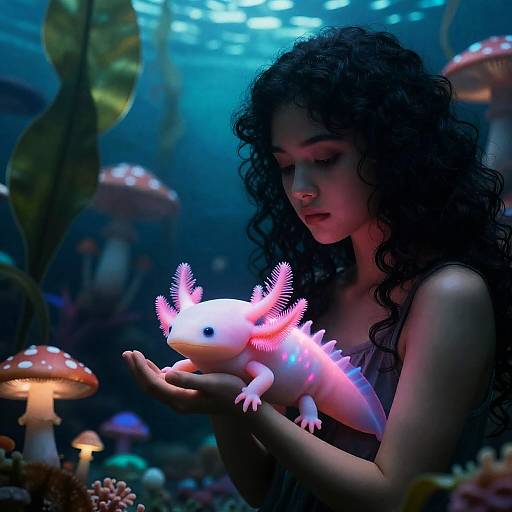 Girl Holding Glowing Pink Axolotl